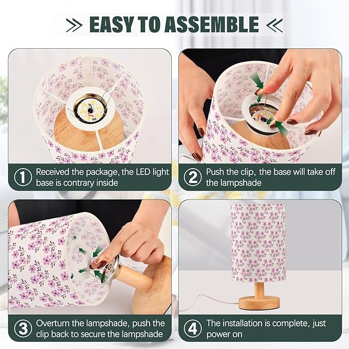 Small Table Lamp for Bedroom Bedside Nightstand with Wire Switch Desk Lamps Linen Fabric Shade Flower Print(Pink)