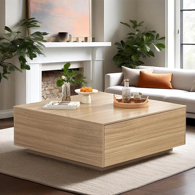 43” Square Coffee Table with Storage, 43" D x 43" W x 17" H Modern Large Square Center Table with 2 Drawers, Wood Coffee Table for Living Room, Light Brown,Bedroom,Light Brown