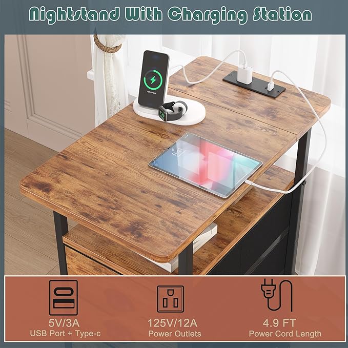 End Table with Charging Station, Side Tables Livingroom with USB Ports and Outlets,Narrow Nightstands Bedside Tables with 3 Drawers for Small Space,Slim Sofa Table Bedroom,Rustic Brown