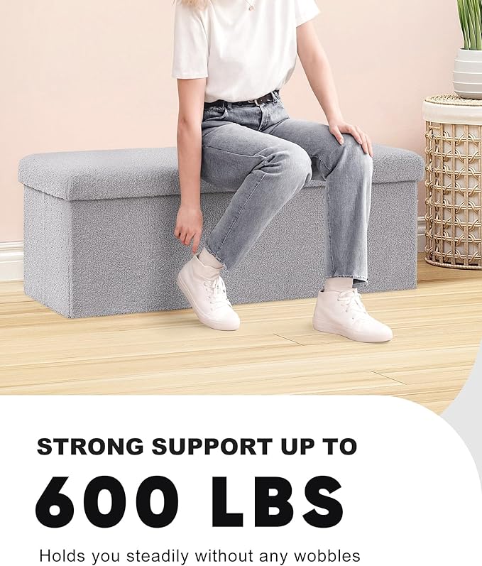 B FSOBEIIALEO Small Storage Ottoman Cube Sherpa Ottomans Foot Rest, Foldable Boucle Ottoman Bench, Faux Teddy Fur, Grey 43.3"x15"x15"