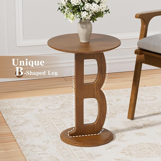 Aoligrace Round Side Table, Modern End Table with Letter B Leg, Wooden Accent Table for Couch Small Coffee Tables Nightstand for Small Spaces Living Room Bedroom