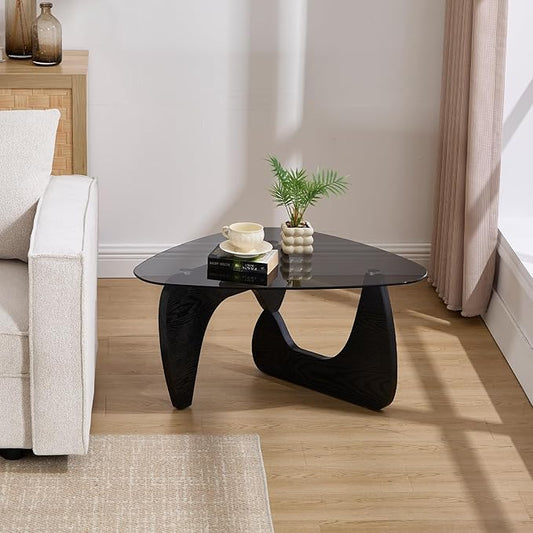Small Glass Coffee Table, 32.5" Black Triangle Center Table with Wood Base Abstract Contemporary Coffee Table for Living Room Office Patio, Grey