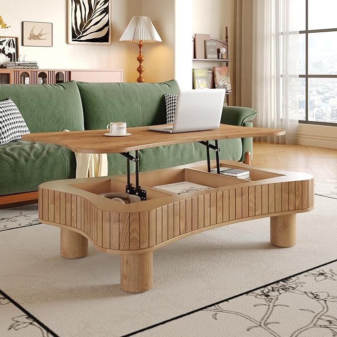 42.5" Lift Top Fluted Coffee Table with Hidden Storage Compartment, Modern Cloud-Shaped Wooden Center Table Cocktail Tea Table with Curved Safety Corners and Adjustable Height, Brown