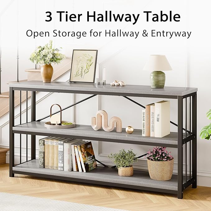 LVB Long Console Table with Storage, Farmhouse Rustic Skinny Entryway Table, Modern Wood Metal Hallway Sofa Table with Shelf, Industrial Narrow Couch Entry Table for Foyer Living Room, Light Grey, 63