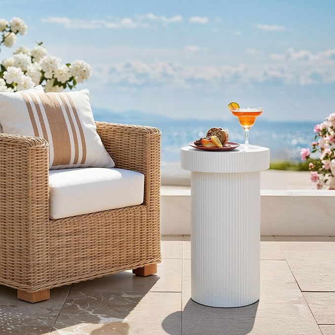 Side Table, 24" Pedestal End Table, 3-in-1 Durable Lightweight Round Coffee Table, Decorative Patio Accent Table Fluted Garden Stool Art Decor for Poolside, Balcony, Living Room,White