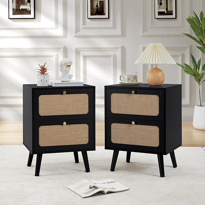 16" Wood Nightstand Set of 2, Farmhouse End Table with 2 Storage Drawer, Modern Bedside Table with Linen Decor, Minimalist Night Stand for Living Room, Bedroom & Small Space (Black)