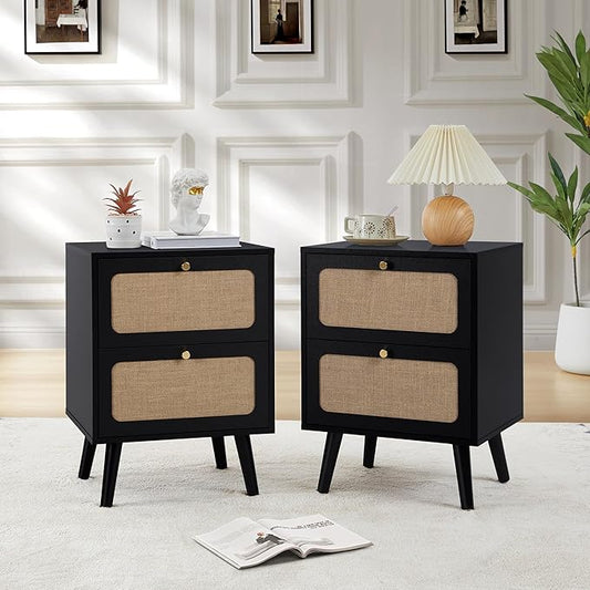 16" Wood Nightstand Set of 2, Farmhouse End Table with 2 Storage Drawer, Modern Bedside Table with Linen Decor, Minimalist Night Stand for Living Room, Bedroom & Small Space (Black)