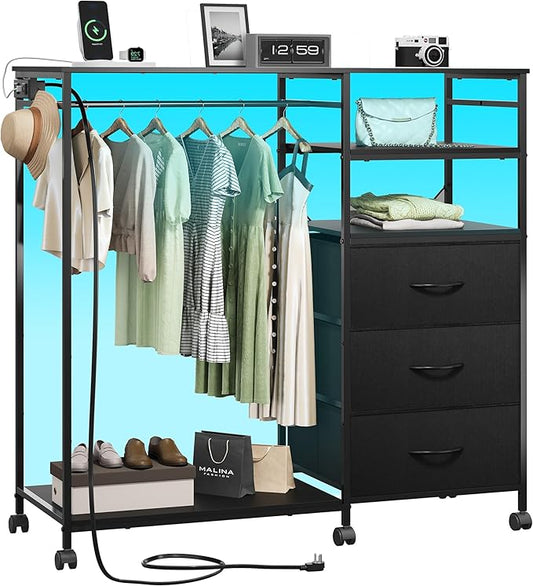 WLIVE Black Dresser with Hanging Rack for Bedroom, 3 Drawer Dresser with LED Lights & Charging Station, Fabric Dressers & Chest of Drawers, Storage Organizer with Open Shelves for Living Room