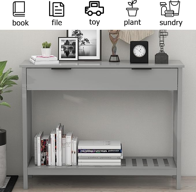 TaoHFE Entryway Table with Storage, Modern Sofa Table with Slatted Frame, Entry Way Table with Smooth Finish, Long Console Table for Hallway, Entryway, Living Room, Bathroom, Bedroom, Grey