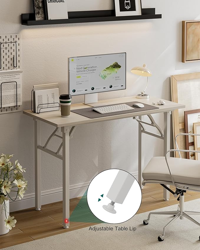 Frylr Small Folding Computer Desk – Portable 43.3 Inch Foldable Laptop Table, Collapsible and Compact for Easy and Fast Setup, Lightweight for Small Spaces, Home Craft and Study Use, White Ash