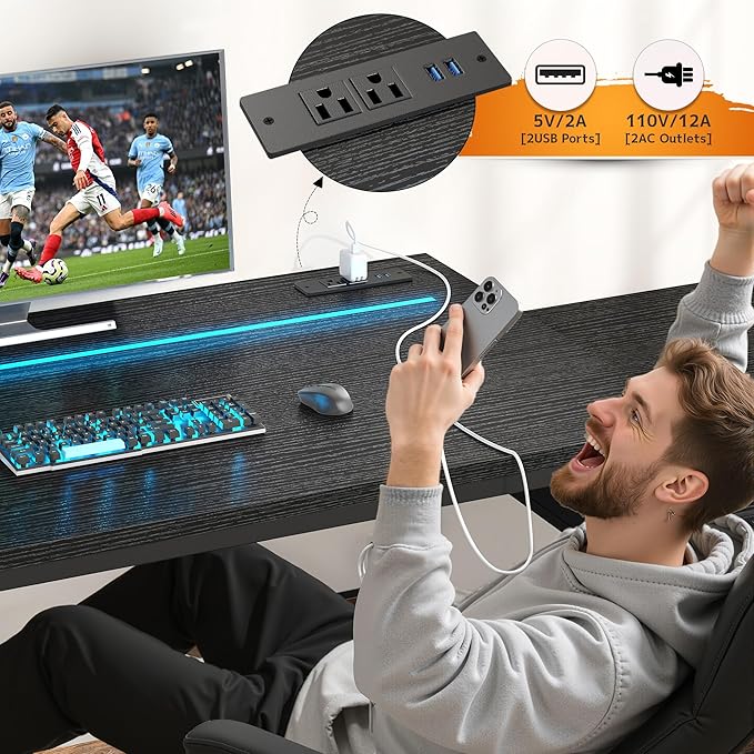 Gaming Desk with Printer Shelf & Storage Shelves,48.1 Inch Computer Desk with LED Lights & Power Outlet,Office Desk with Headphone Hook,Reversible Corner Desk for Bedroom,Black