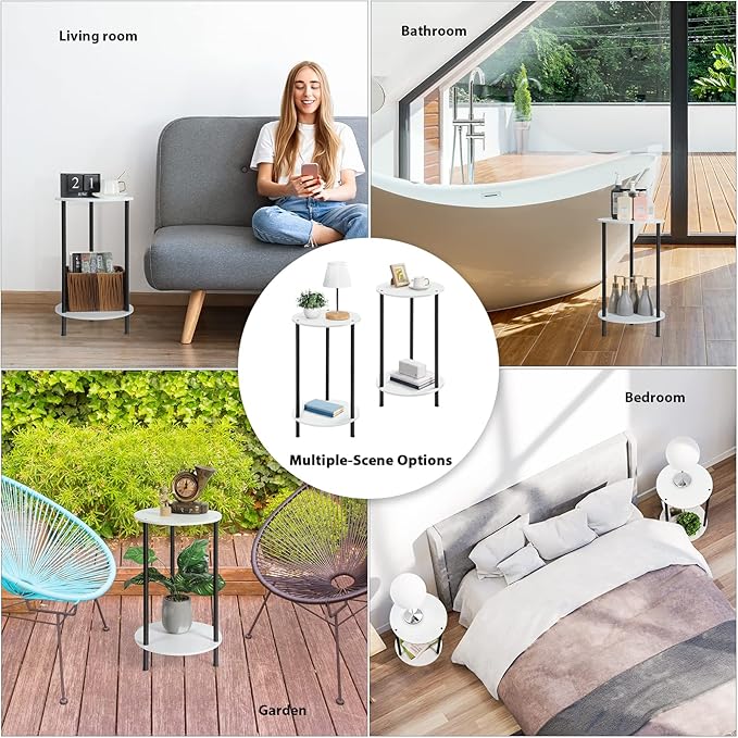 SEHERTIWY Round Side Table for Living Room, White End Tables Living Room Set of 2, Accent Table for Small Spaces, Round Nightstand for Bedrooms