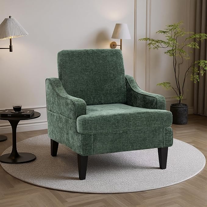 Accent Chair for Living Room,Mid-Century Arm Chair Chenille Living Room Chairs,Upholstered Reading Chair for Bedroom,Single Sofa Chair with Wood Legs for Apartment,Green