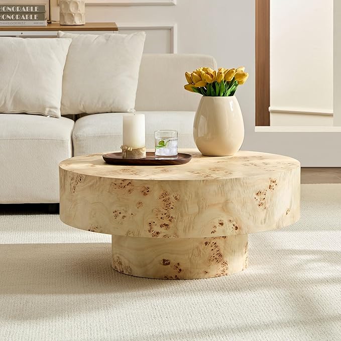 Round Wood Coffee Table with Burl Wood Veneer and Sturdy Pedestal for Living Room,31.49" Mid Century Modern Side End Table Accent Center Table for Apartment,Easy to Assembly