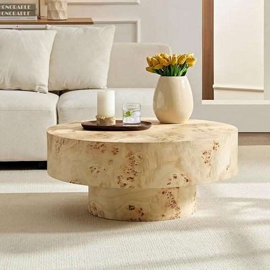 Round Wood Coffee Table with Burl Wood Veneer and Sturdy Pedestal for Living Room,31.49" Mid Century Modern Side End Table Accent Center Table for Apartment,Easy to Assembly