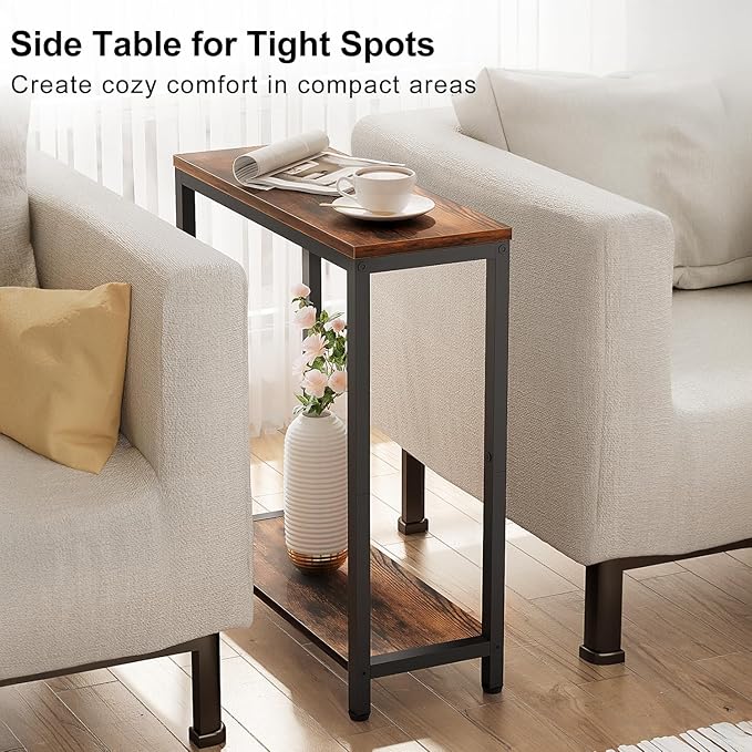 KIMBORA 8.6” Narrow Small Side Table for Small Spaces, 2 Tier Skinny Couch End Tables Living Room, Slim Nightstand for Bedroom Bedside, Brown