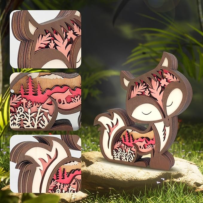 Drawelry 3D Wooden Carving Animals Lamp - Creative Fox Squirrel Wood Carved LED Night Light Garden Yard Wooden Animals Sculpture Ornaments Desktop Home Decor Birthday Gifts for Family Friend (Fox)