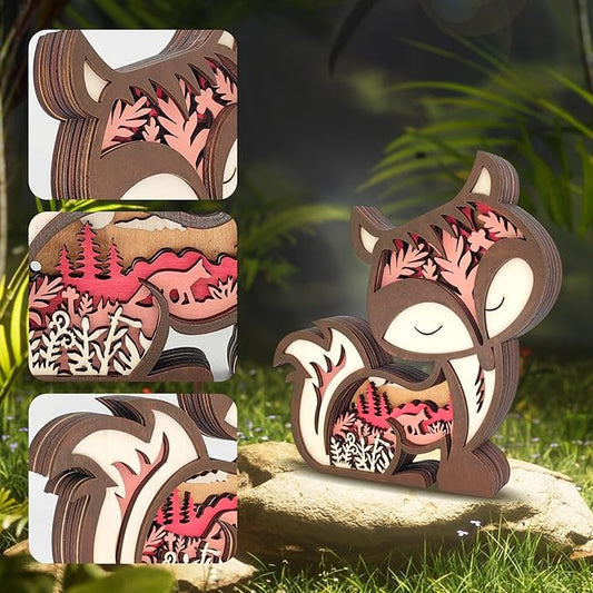 Drawelry 3D Wooden Carving Animals Lamp - Creative Fox Squirrel Wood Carved LED Night Light Garden Yard Wooden Animals Sculpture Ornaments Desktop Home Decor Birthday Gifts for Family Friend (Fox)