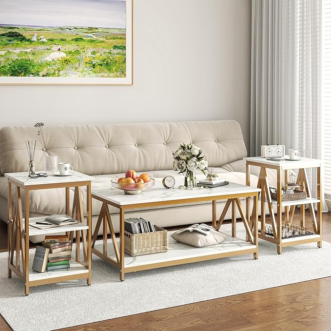 Bigbiglife Living Room Coffee Table Set of 3, Industrial Triangular-Design Coffee Table and 2 End Side Tables, 3 Piece Living Room Table Set with Large Storage for Apartment Home (Marble White)