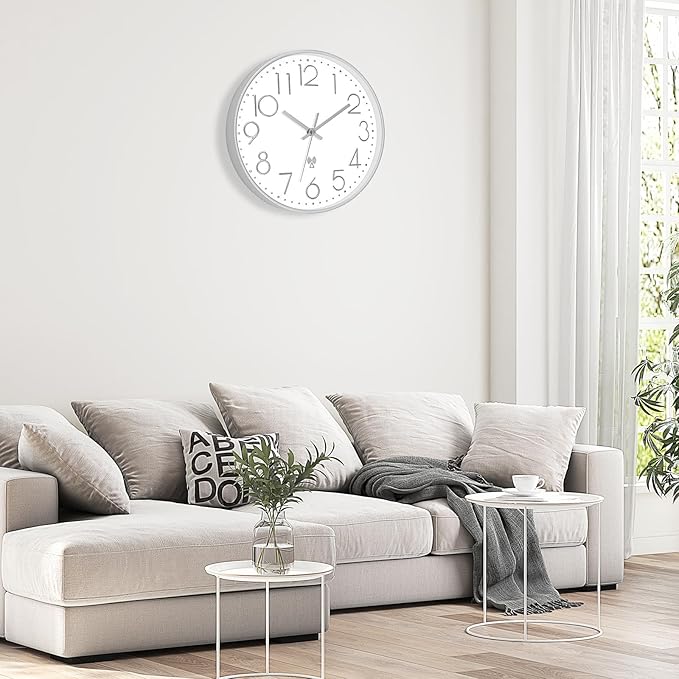 Foxtop Atomic Wall Clock Battery Operated Round Analog Modern Wall Clock Sets Automatically for Office Classroom Bedroom Kitchen Living Room (Silver)