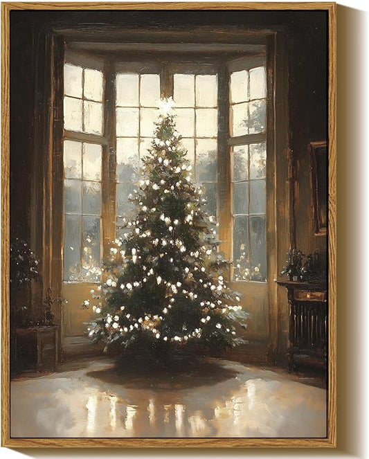 InSimSea Framed Canvas Wall Art, Vintage Christmas Tree Decor, Living Room Pine Decorations, Winter Cottagecore Paintings for Bedroom Bathroom, Xmas Holiday Decorations Gifts, 12x16 Inch