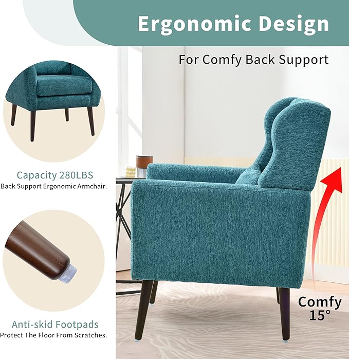 Modern Accent Chair, Upholstered Arm Chair with Waist Pillow, Single Sofa Chair for Living Room Bedroom Small Spaces (Teal)