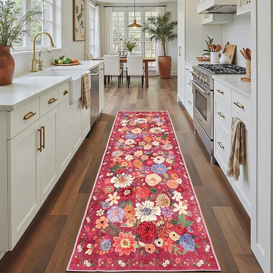Rug for Hallways Kitchen Rug 2x8, Non Slip Washable Rugs with Rubber Backing Soft Floral Carpet Runner for Hallways, Kitchen, Laundry, Bedroom, Bathroom(2 x 8, Red Garden)