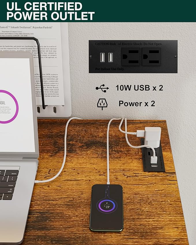 Frylr Small Folding Computer Desk – 43.3 Inch Portable Table for Craft and Study, Lightweight Desk for Small Spaces, Foldable Laptop Table Built-in AC/USB Outlets for Convenience, Rustic Brown