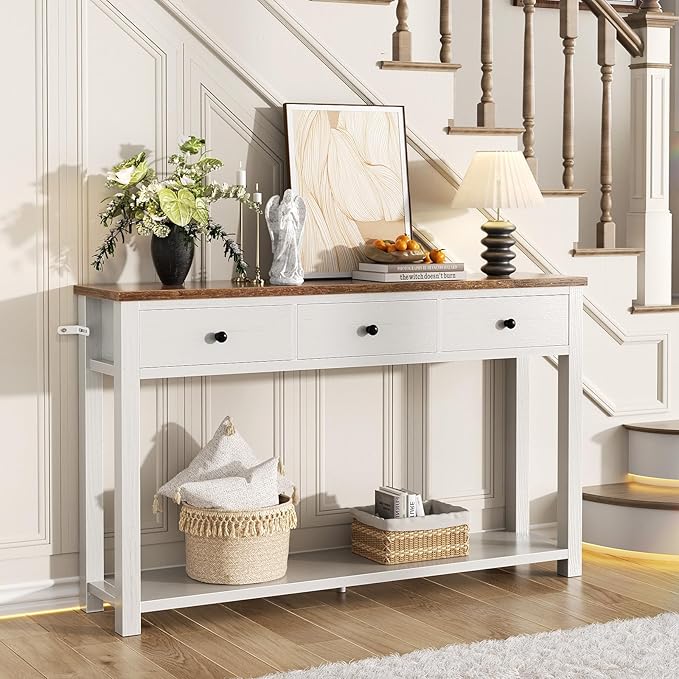 Homieasy Farmhouse Console Table with 3 Drawers, 47 Inch Wood Sofa Table with Storage Shelf for Living Room, Behind Couch, Entryway Table for Hallway, Living Room, or Foyer, Rustic Brown and White