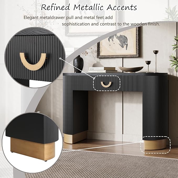 kevinplus 47.7'' Console Table Sofa Table with Drawer Storage Space for Entryway, Modern Elegant Fluted Design, Easy Assemble, Black & Gold