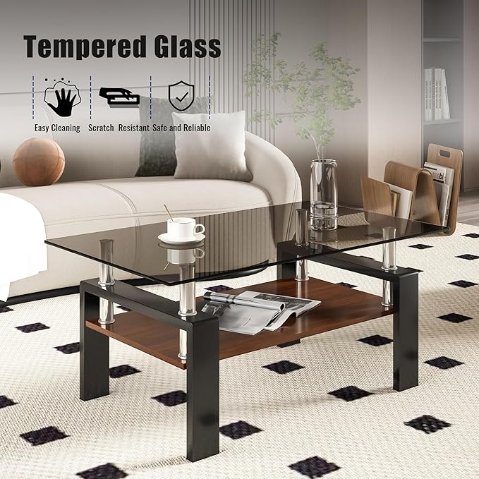 Modern Coffee Table with Tempered Glass Top, MDF Shelf and Metal Legs, Two-Tier Living Room Table, Sturdy Coffee Table for Small Spaces, Lounge, or Office (Grey Glass+Brown+Black)