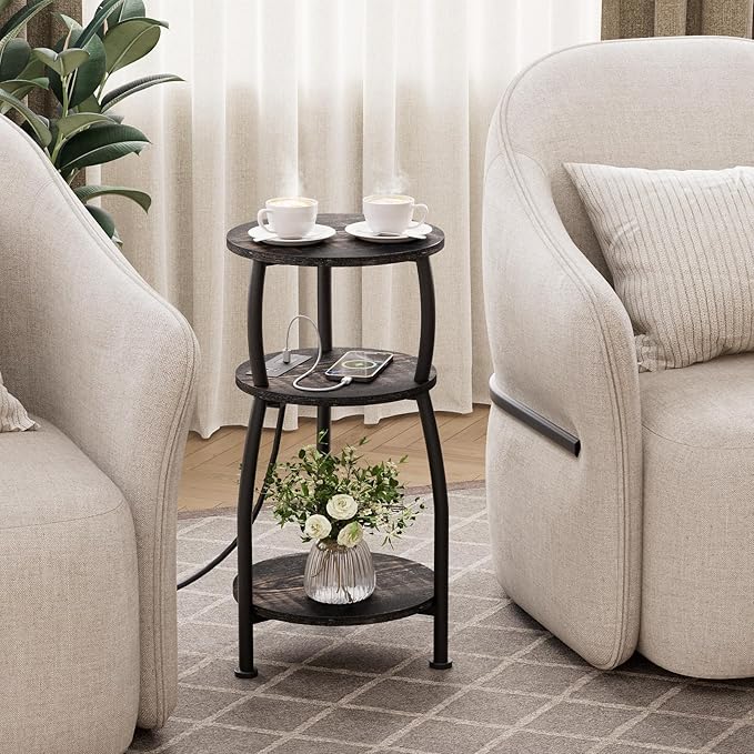Round Side Table with Power Outlet & USB Ports, 3-Tier End Table with Storage Shelf, Modern Rustic Nightstand, Small Spaces Accent Table for Living Room Bedroom, Easy Assembly, Oak Dark