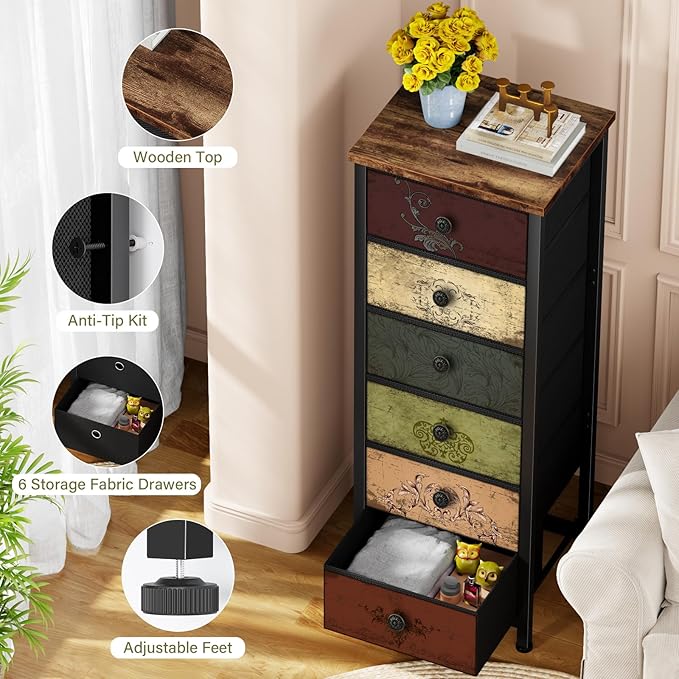 Tall Dresser with 6 Drawers, Pattern Storage Drawer Units, Storage Tower Units, Fabric Dresser Nightstand for Bedroom, Hallway, Entryway, Closets, Dorm