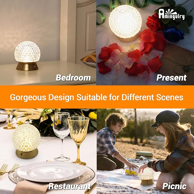 Cordless Table Lamp, Rechargeable Battery Operated Lamp, 3 Color Modes & Stepless Dimmable LED Touch Lamps, Portable Crystal Gold Metal Small Decorative Cute Light for Kids Room, Bedroom