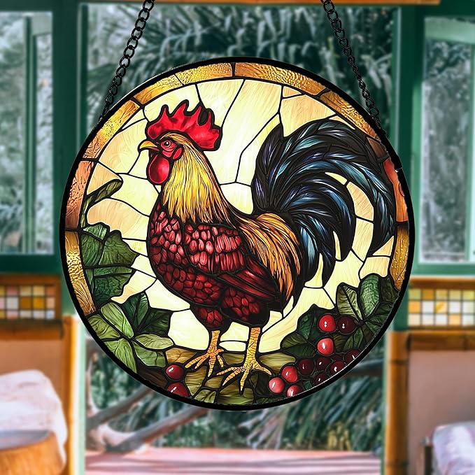 Stained Glass Window Hanging, Colorful Big Cock Sun Catcher for Window Door Home Decor, Chicken Suncatcher Christmas Mother's Day Birthday Gifts for Women Men Mom and Nana 11.8 in