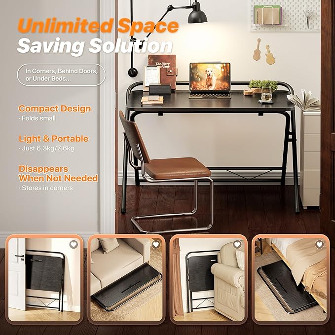 Huuger Folding Desk with 3-Level Adjustable Height and Tablet Slot, 32 Inch Foldable Computer Desk for Small Spaces, Space Saving, Writing Work Table for Home Office, Bedroom, Study, Black