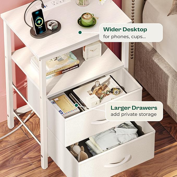 Night Stand with Charger Station and LED Lights, 2 Drawer Nightstand, Bed Side Table with Open Shelf, End Table, Fabric Dresser for Bedroom, PU Leather, White