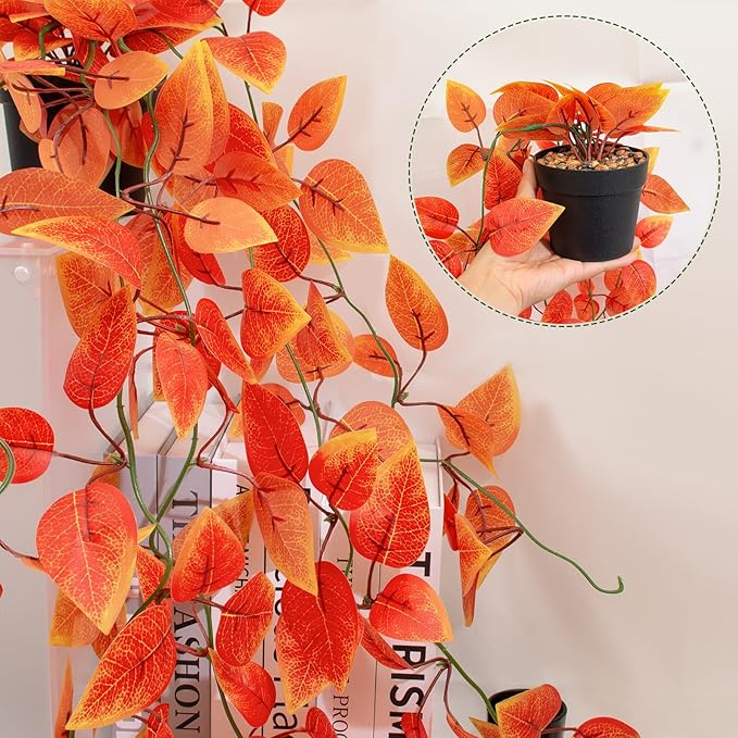 LOYWREE Small Artificial Plants Hanging Potted Fall Foliage - Orange Faux Ivy Vine & Pothos for Shelves. Ideal for Home, Office, Indoor & Outdoor Gardens (Black Pot)
