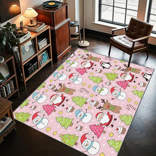 Pink Christmas Rug Indoor - 5x7 Rug, Kids Santa Snowman Living Room Rugs, Pink Christmas Bedroom Rugs, Xmas Tree Candy Cane Carpet, Cartoon Reindeer Home Decor & Gifts
