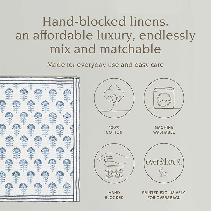 Over&Back Set of 4 Hand-Blocked Placemats - Colorful Dining Table Mat - Each Placemat is Unique - 100% Cotton - Machine Washable - Kitchen and Home Decor - Blue Flower