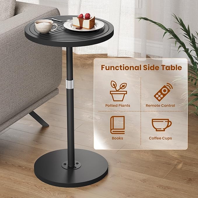 Round Side Table, Adjustable-Height Drink Table for Small Spaces, Pedestal Martini Table, Cocktail Tables Weighted Base for Living Room, Bedroom, Bathroom, Office, Black