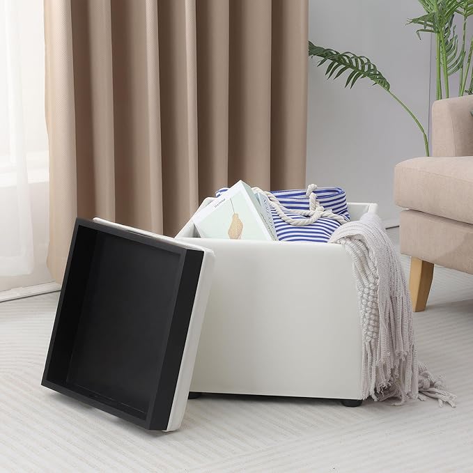 Adeco 17" White Storage Ottoman Cube with Tray Lid, Small Footstool with Storage, Square End Table for Living Room & Bedroom