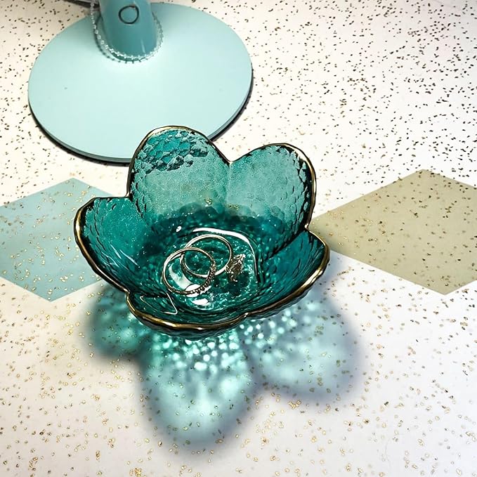 Small Green Flower Jewelry Dish, Glass Jewelry Ring Tray Trinket Bowl, Nightstand Decor Ring Holder for Women, Home Decor Gifts for Women, Wedding, Birthday, Mothers Day, Christmas, Thanksgiving