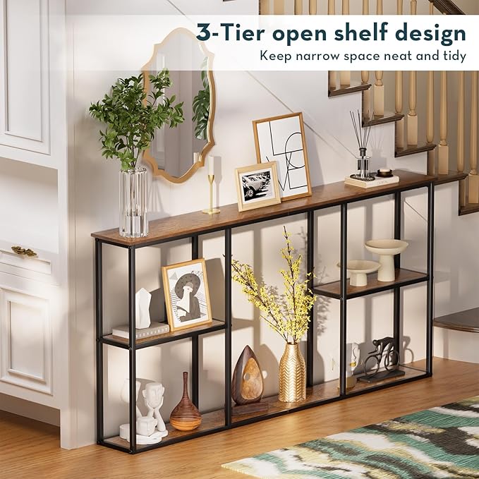 WOHOMO Console Table,3-Tier Small Entryway Tables,Narrow Sofa Table for Hallway,Rustic Brown(63 inch)