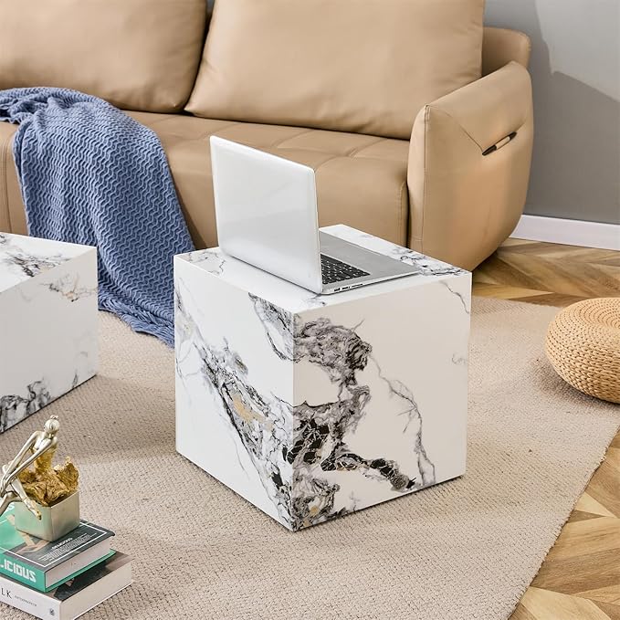 Side Table, End Table with White Marble Grain, Modern Beside Sofa Couch Tables, Cube Accent Living Room Table, Bedside Table Nightstand for Small Spaces, Bedroom