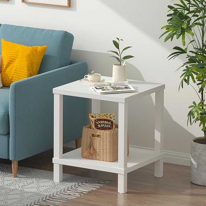 Large End Table Square Side Table Modern Sofa Table 20 Inch Industrial Coffee Table NightStand with 2-Tier Storage Shelf for Living Room Bedroom White MLBZ06W