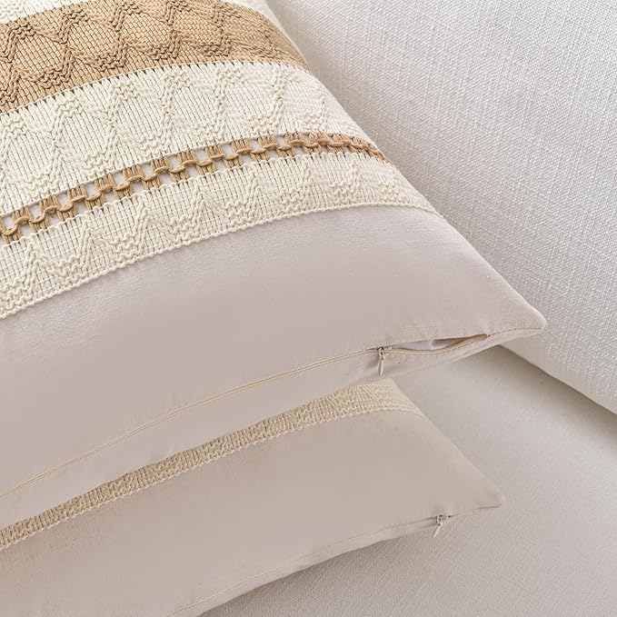 Fancy Homi Set of 2 Tan Neutral Decorative Throw Pillow Cover 20x20 Inch for Couch Bed Sofa, Aesthetic Modern Organic Farmhouse Boho Home Decor, Soft Cotton Cute Accent Macrame Woven Cushion Case