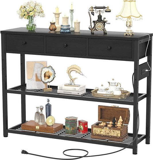 Ecopriso 47'' Entryway Table with Outlets and USB Ports, Console Table with 3 Drawers, Sofa Table Narrow Long with Storage Shelves for Living Room, Couch, Hallway, Foyer, Kitchen Counter, Black