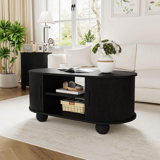 Rectangle Coffee Table, Fluted Coffee Tables for Living Room, Mid-Century Coffee Table Center Table with Storage & Sliding Doors for Apartment, Home Office (Black)
