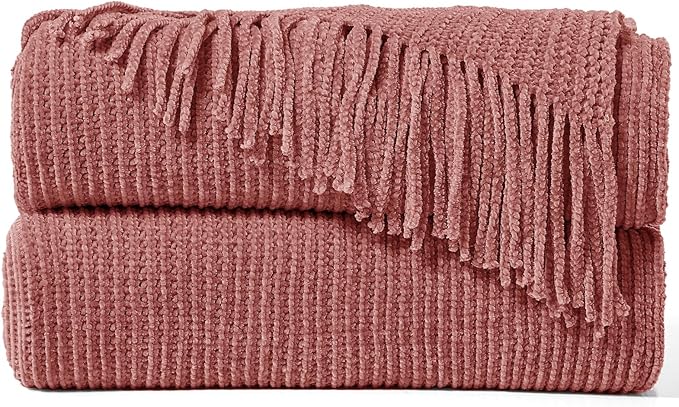 inhand Coral Pink Throw Blanket for Couch Bed,Chunky Chenille Woven Soft Warm Christmas Blankets Gifts for Women with Tassels, Cozy Boho Farmhouse Fall Winter Decor,50"x60",Extra Thick